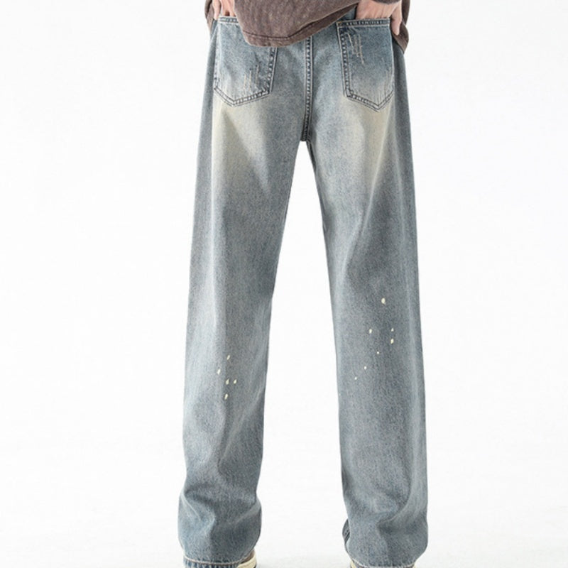 Water Washed Hole Straight Jeans