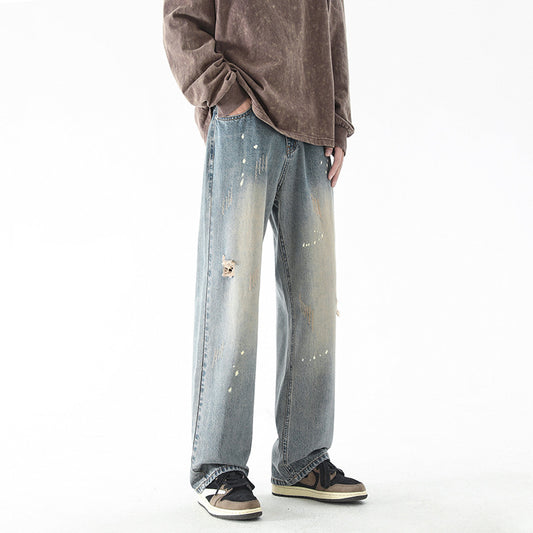 Water Washed Hole Straight Jeans