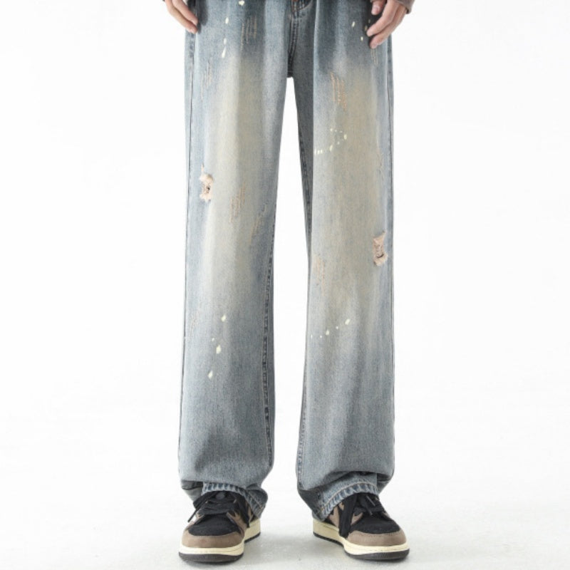 Water Washed Hole Straight Jeans