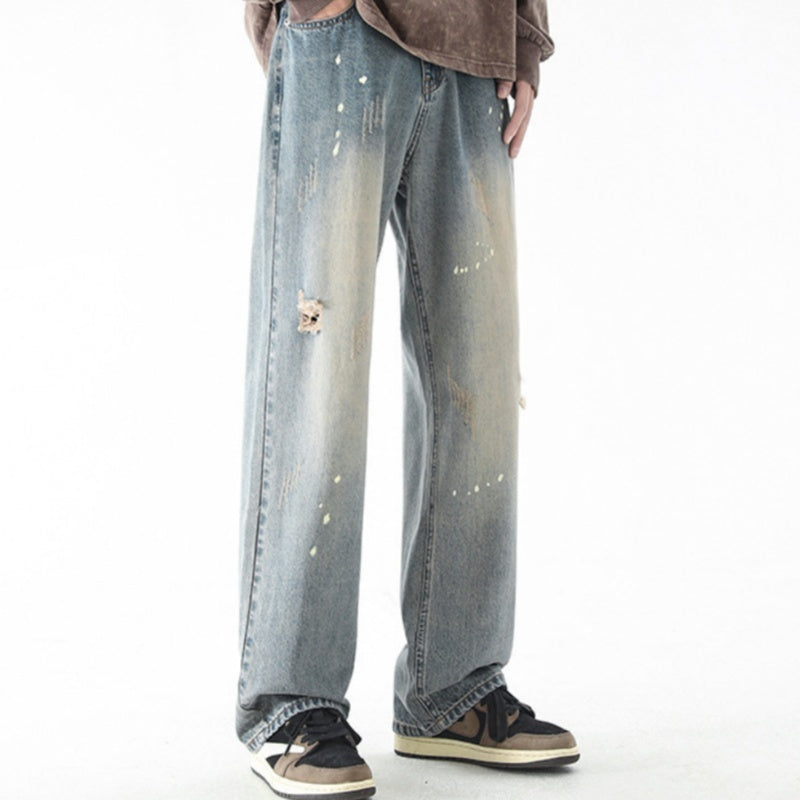 Water Washed Hole Straight Jeans